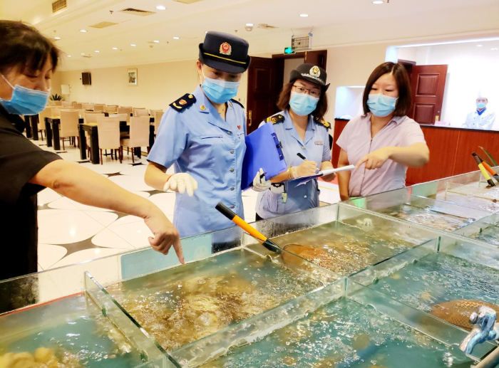 圖為順義區(qū)市場(chǎng)監(jiān)管局執(zhí)法人員檢查水產(chǎn)品、肉類等進(jìn)貨渠道。