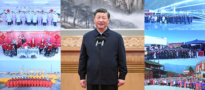 18日，中共中央總書記、國家主席、中央軍委主席習(xí)近平在北京通過視頻連線看望慰問基層干部群眾，向全國各族人民致以新春的美好祝福（拼版照片）。新華社記者 謝環(huán)馳 李濤 攝